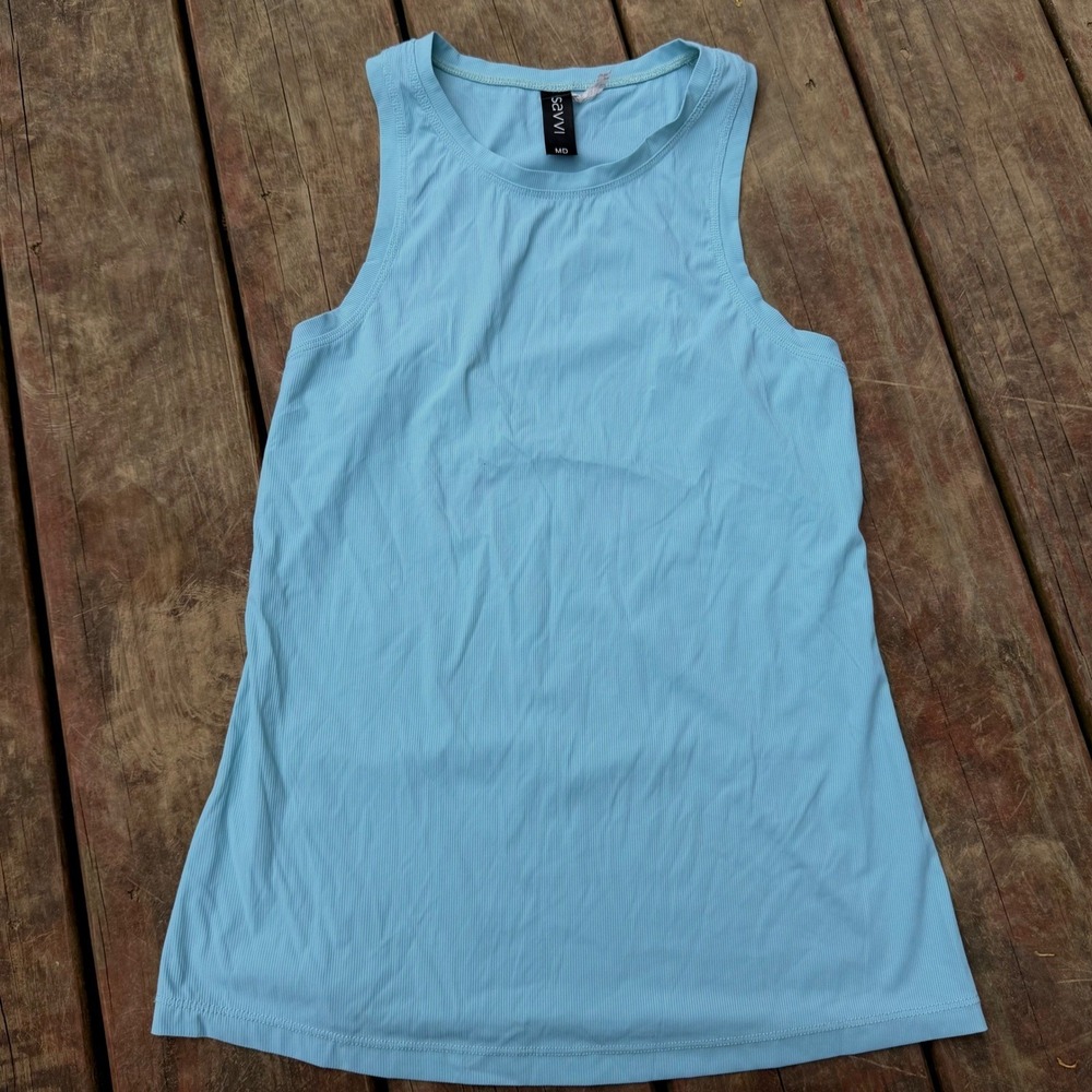 Savvi Ribbed Activewear Tank Top Light Blue Racerback High Neck Womens Medium